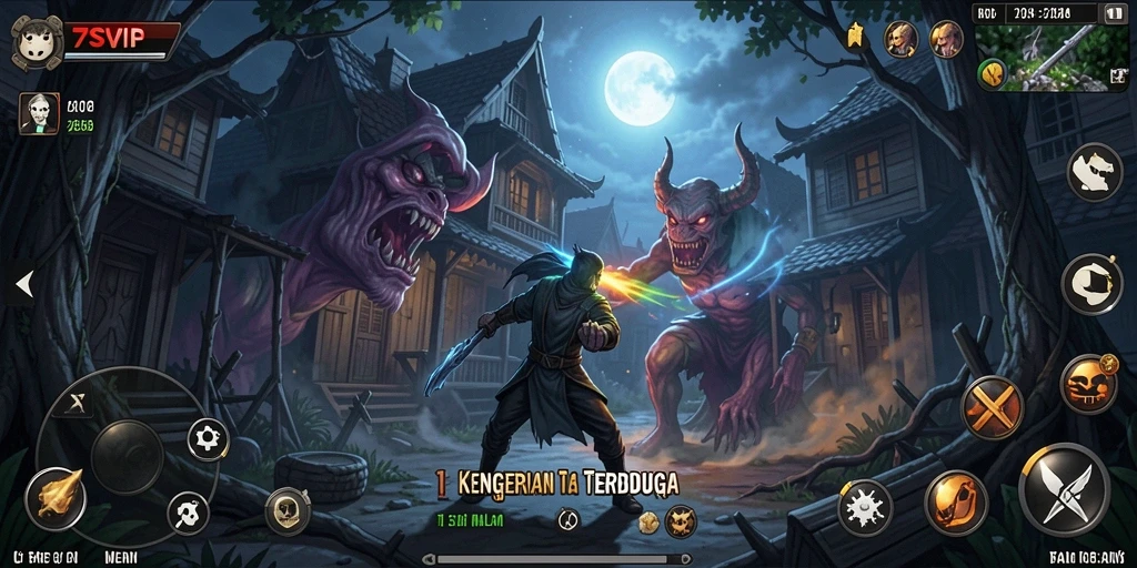 Tampilan gameplay menyeramkan dalam 7SVIP dengan makhluk mengerikan.