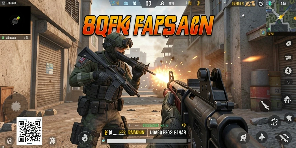 Gameplay 8QR yang penuh aksi di medan perang FPS.