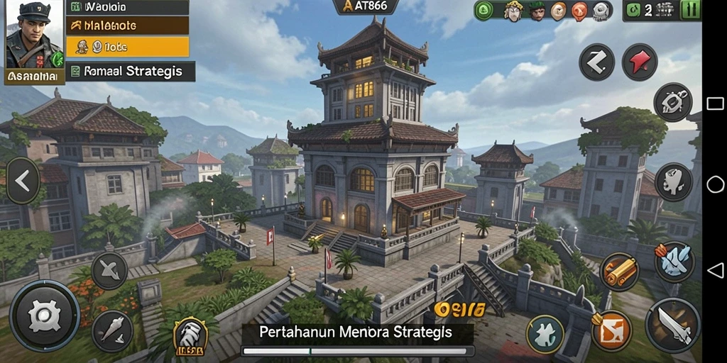 Screenshot menunjukkan aksi menara bertahan melawan gelombang musuh.
