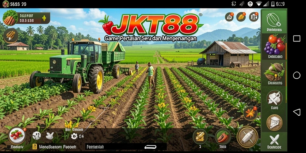 Screenshot gameplay JKT88 menampilkan ladang subur dan berbagai tanaman.