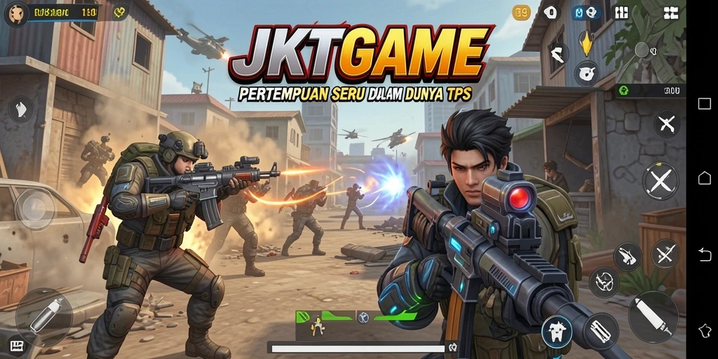 Screenshot utama JKTGAME menunjukkan aksi tembak-menembak yang mendebarkan.