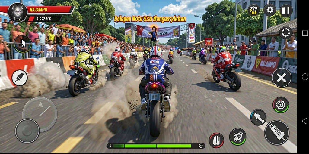 Tampilan menegangkan dari gameplay balapan motor di RAJAMPO.