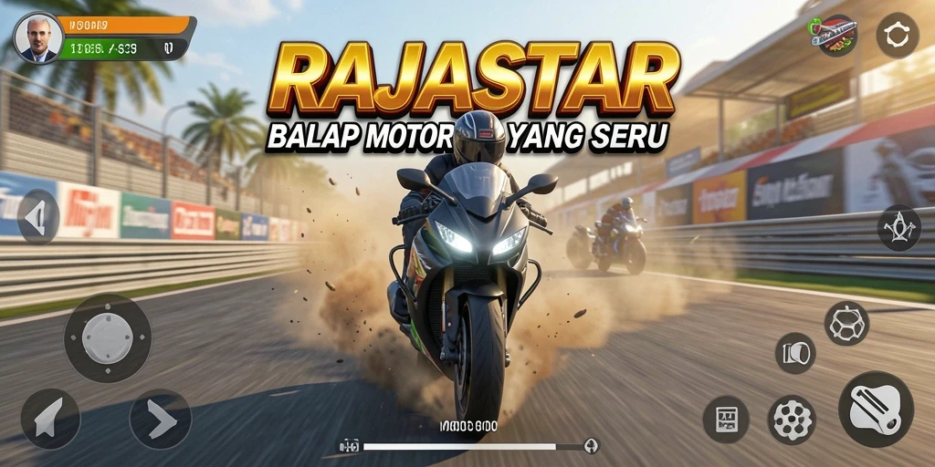 Screenshot gameplay RAJASTAR menunjukkan aksi balapan motor yang seru dan penuh tantangan.