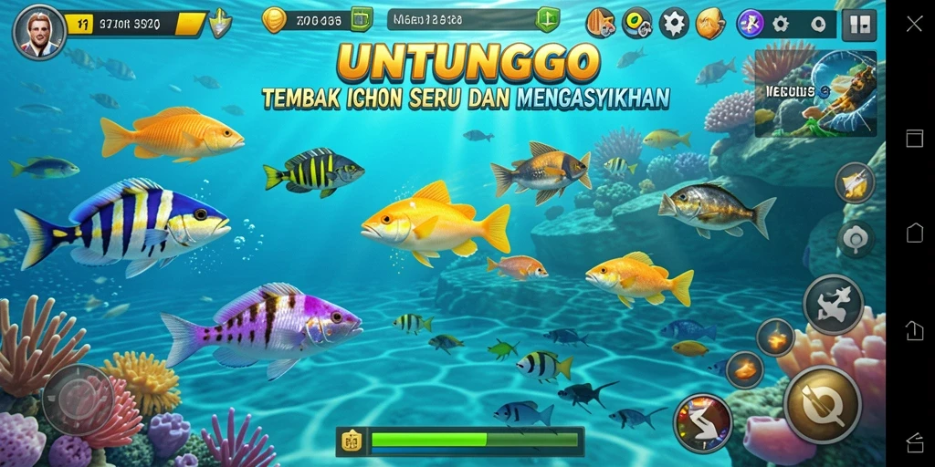 Screenshot utama UNTUNGGO menampilkan gameplay mendebarkan saat menembak ikan.