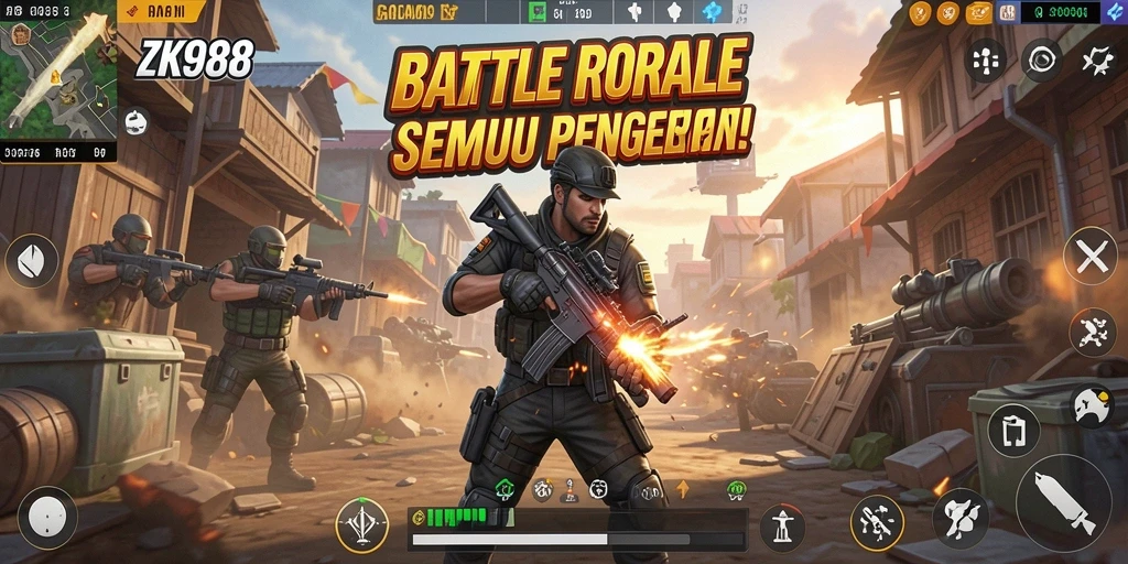 Screenshot dari gameplay ZK988 yang intens dan seru di arena Battle Royale.
