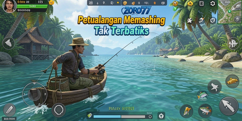 Screenshot gameplay ZORO77 menampilkan pemain sedang memancing di laut yang luas.